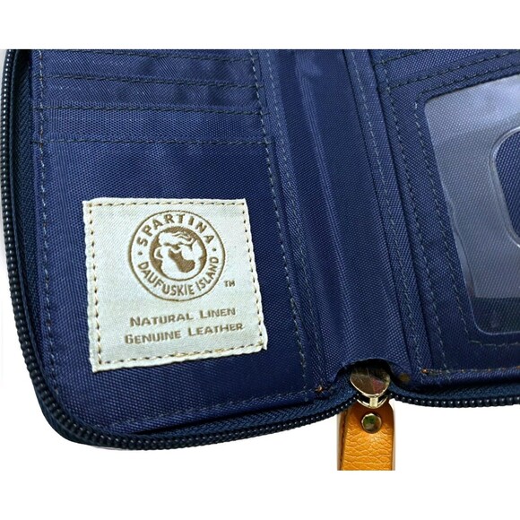 Spartina Daufuskie Blue White Genuine Leather Natural Linen Card Wallet Wristlet - Picture 5 of 5